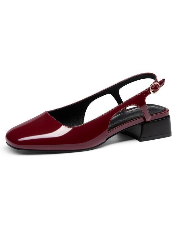 Shoes - Women's Burgundy Slingback Chunky Low Heels Closed Square Toe Pumps Work Shoes